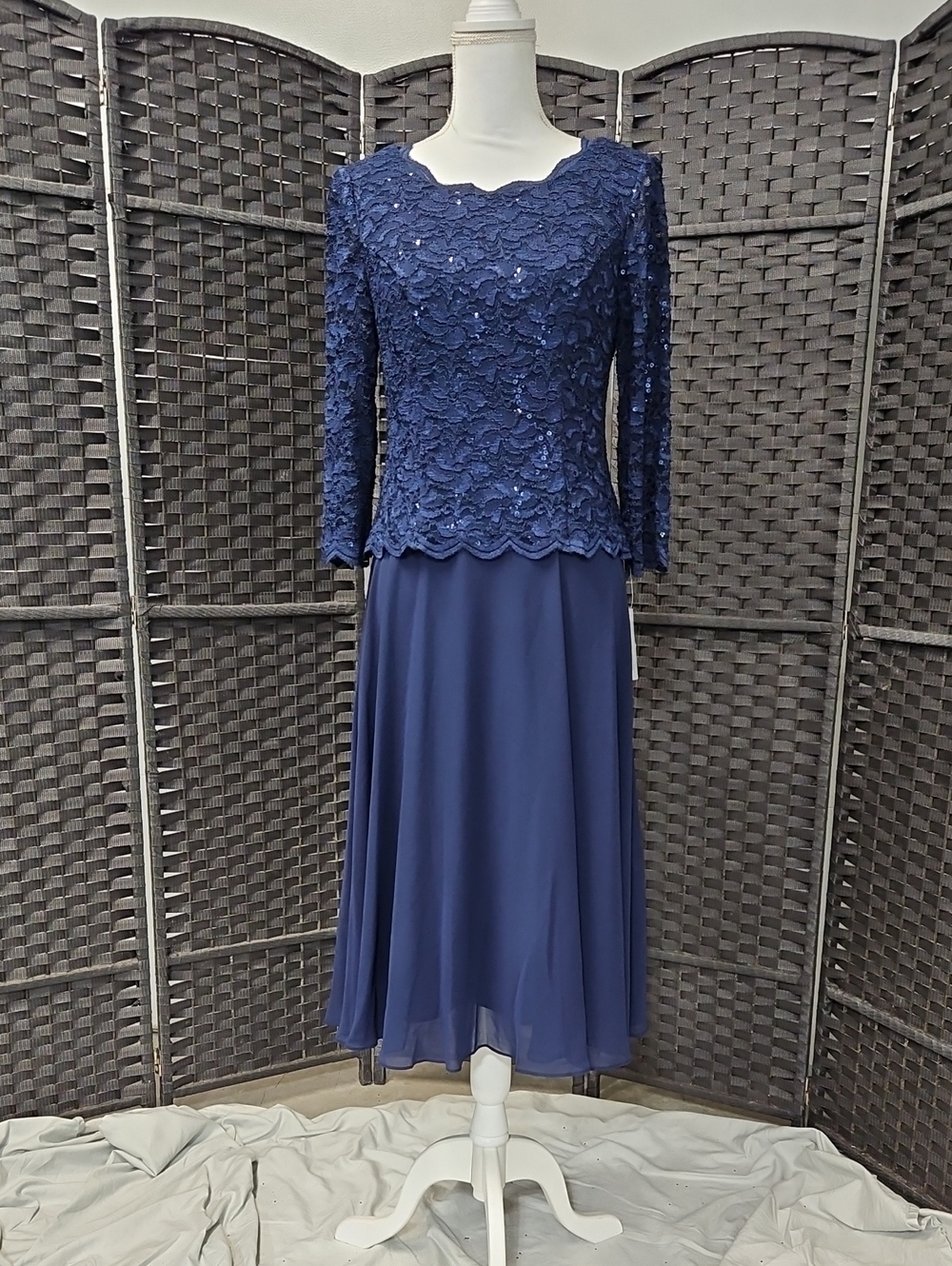 Navy Lace Sequin Top & Chiffon Skirt Dress
